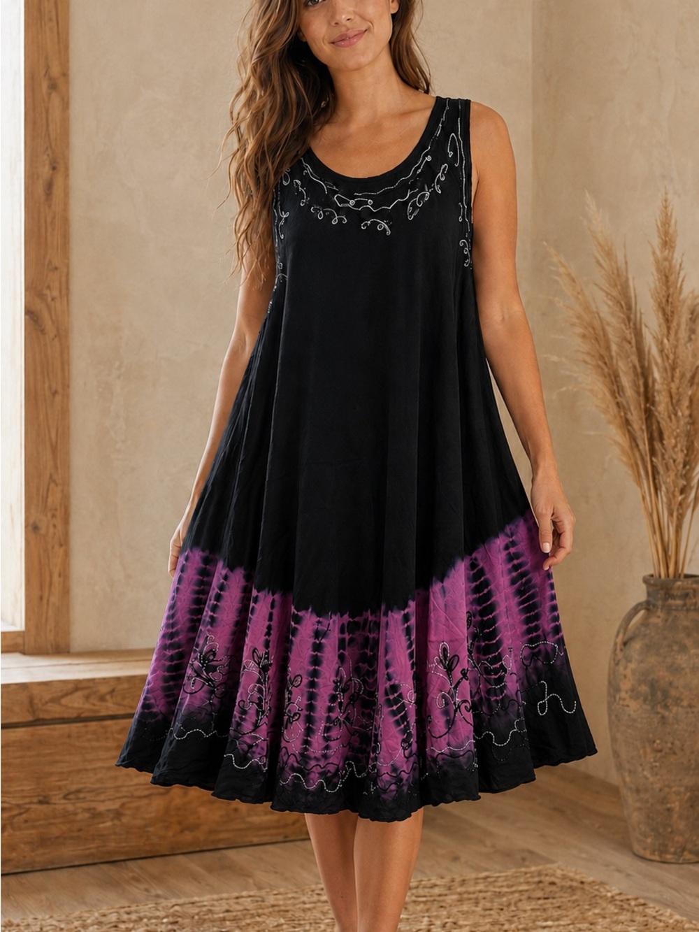 Black and Magenta Sleeveless Tie-Dye Hem Swing Dress